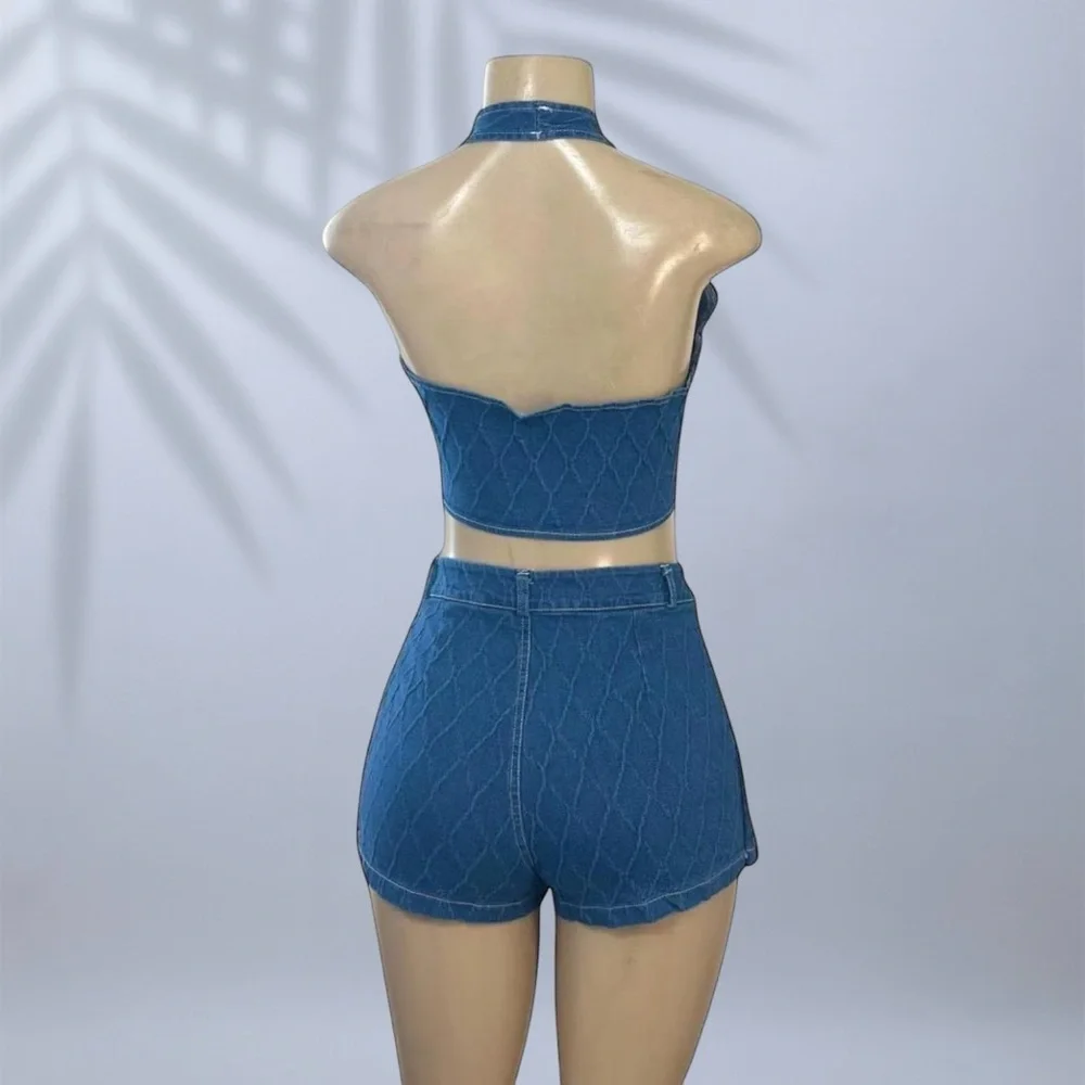 Denim Halter V-Neck Vest and Pleated Mini Skirt 2-Piece Set ✧ M - Picture 6 of 6